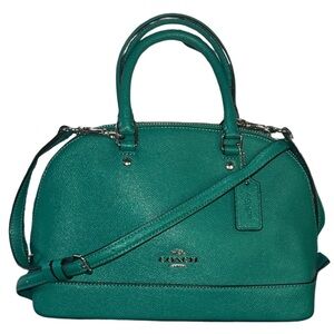 Coach New York Green Leather Dome Satchel, Silvertone Hardware, with Strap